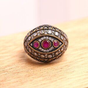 Vintage silver dome ring mix cx stones finger size 8.5 Indian Statement ring
